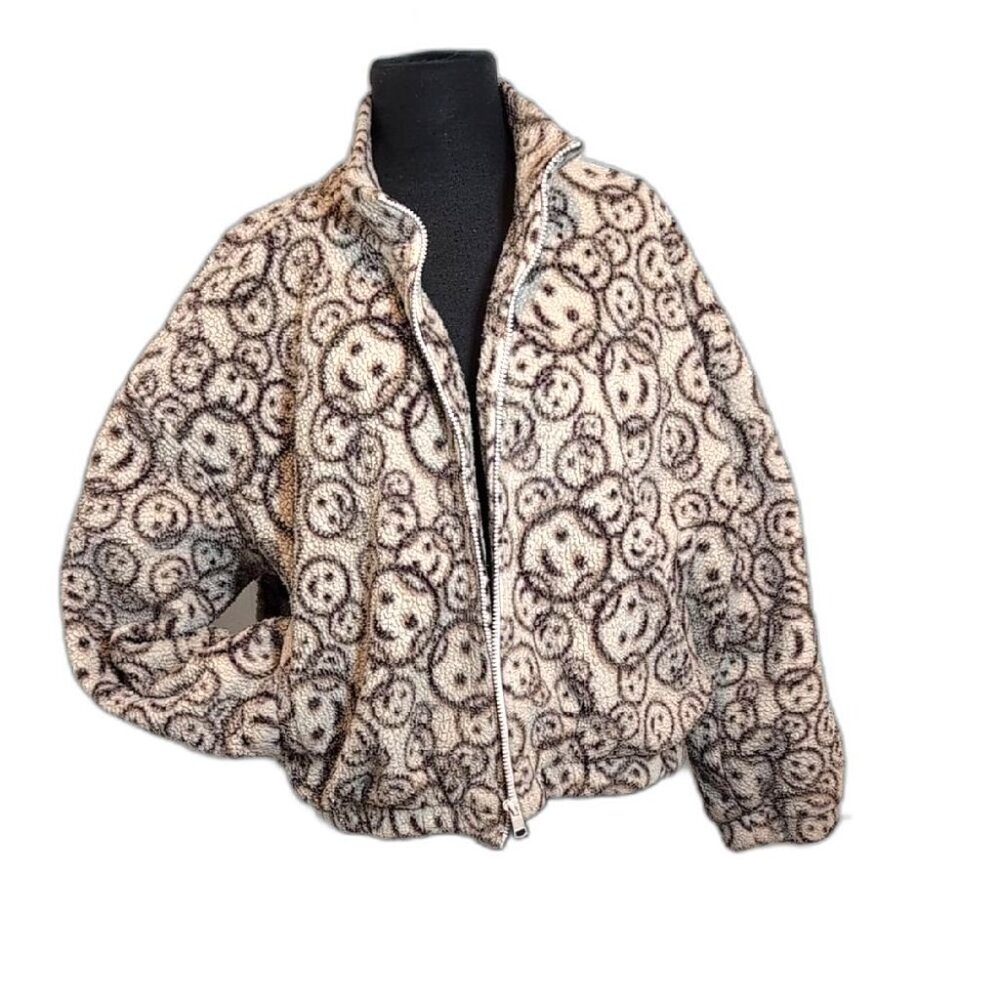 Zip Up Sherpa Cream and Maroon Smiley Face Teddy Jacket